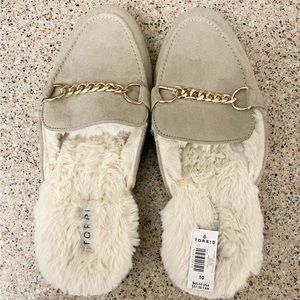 torrid Beige Faux Suede Chain-Trim Fuzzy Slide Mules